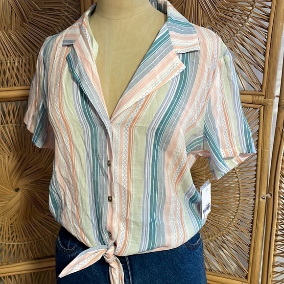 Retro Top 90s Style Button Small Stripe Cottage Vtg Knot Yellow NEW Vylette - Picture 3 of 14